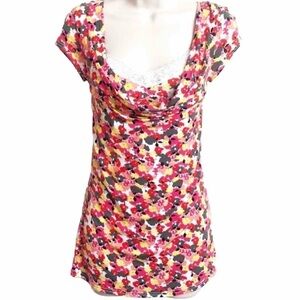 🆕 Candie’s floral lace cap sleeve pullover scoop neck blouse top orange yellow